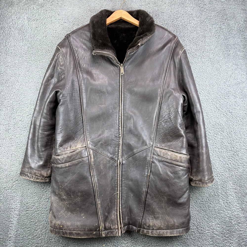 Vintage Distressed Brown Leather‎ Jacket Faux Fur Lined Heavyweight Parka Coat